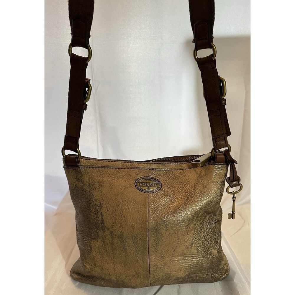 🖤Vintage Fossil Silver Gunmetal Pewter Leather Crossbody Bag W/ Key Charm